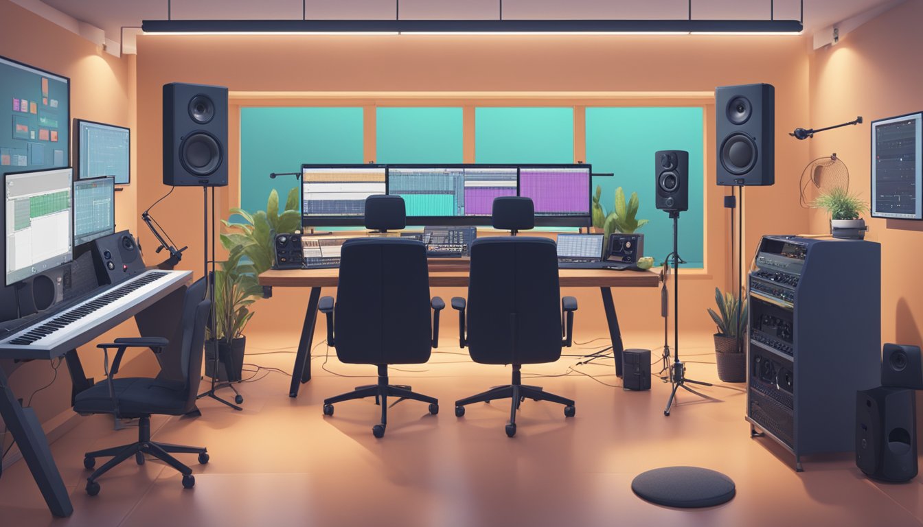 A recording studio with advanced AI technology replaces human dubbing and narration. The ElevenLabs system operates seamlessly, impacting the voice-over job market