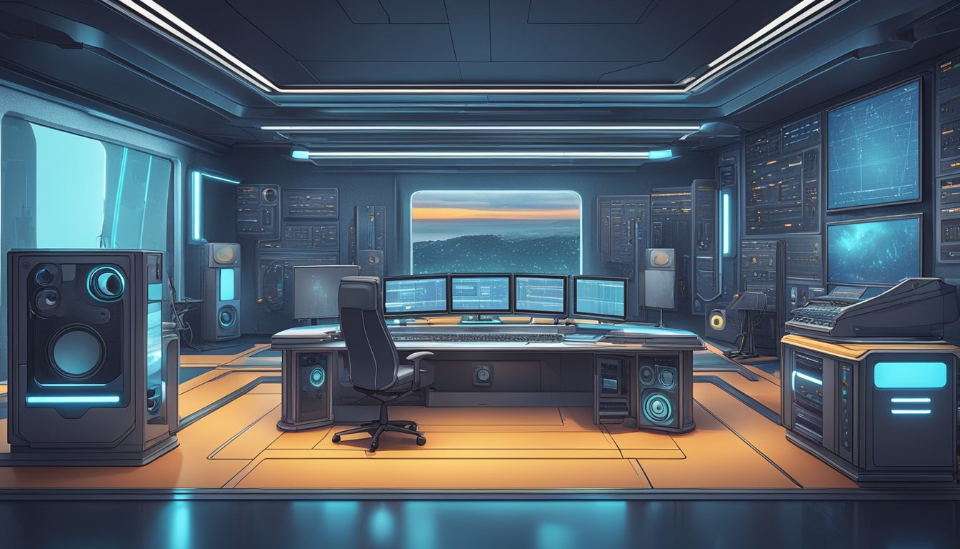 A futuristic studio with advanced AI technology for voice dubbing and narration. High-quality audio equipment and personalized voice options. Ideal for illustrating a cutting-edge tech environment